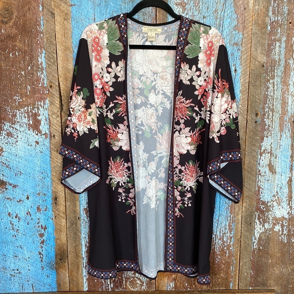 Flying Tomato Boho Kimono Black Floral Festival Cardigan Size M